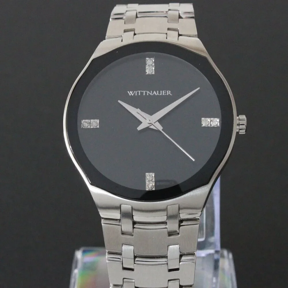 Wittnauer Ladies Dress Watch 8 Diamonds On Black Sun-ray Dial 36mm